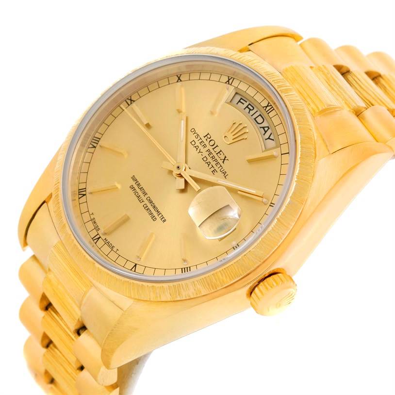The image displays a Rolex President 18078 Yellow Gold Champagne Dial 18078 Yellow Gold Champagne Dial model watch angled from front-right, showing the dial, bezel, crown, and part of the bracelet.