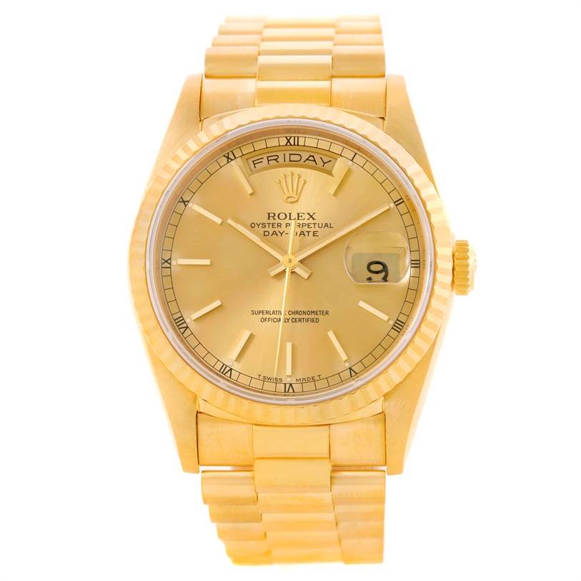 The image shows a front view of the Rolex President 18238 Men
s Yellow Gold Champagne Dial 18238 Men
s Yellow Gold Champagne Dial Oyster Perpetual Day-Date watch, highlighting the face, band, and crown.