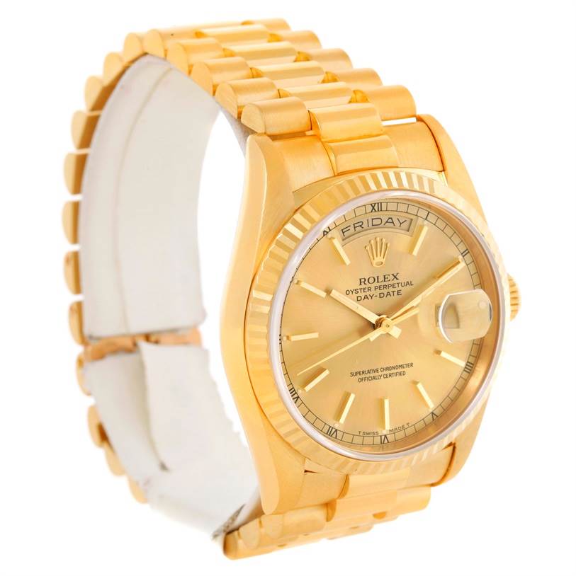 The image shows a Rolex President 18238 Men
s Yellow Gold Champagne Dial 18238 Men
s Yellow Gold Champagne Dial model watch at a three-quarter angle, highlighting the bracelet, dial, bezel, and case.
