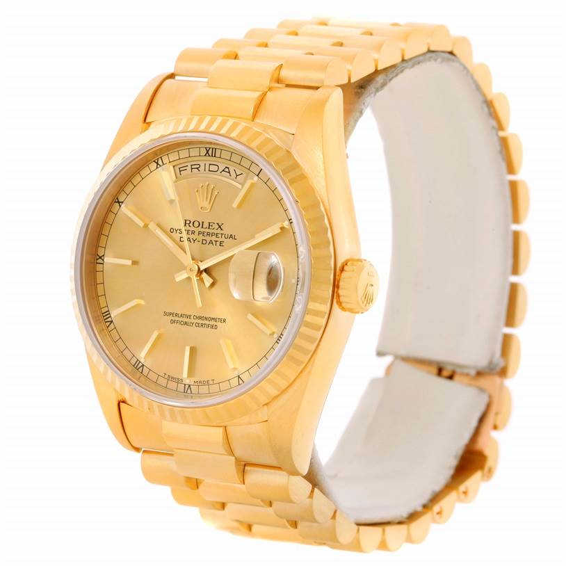 This image shows a Rolex President 18238 Men
s Yellow Gold Champagne Dial 18238 Men
s Yellow Gold Champagne Dial model watch from a slight left frontal angle, displaying the dial, bezel, crown, and bracelet.