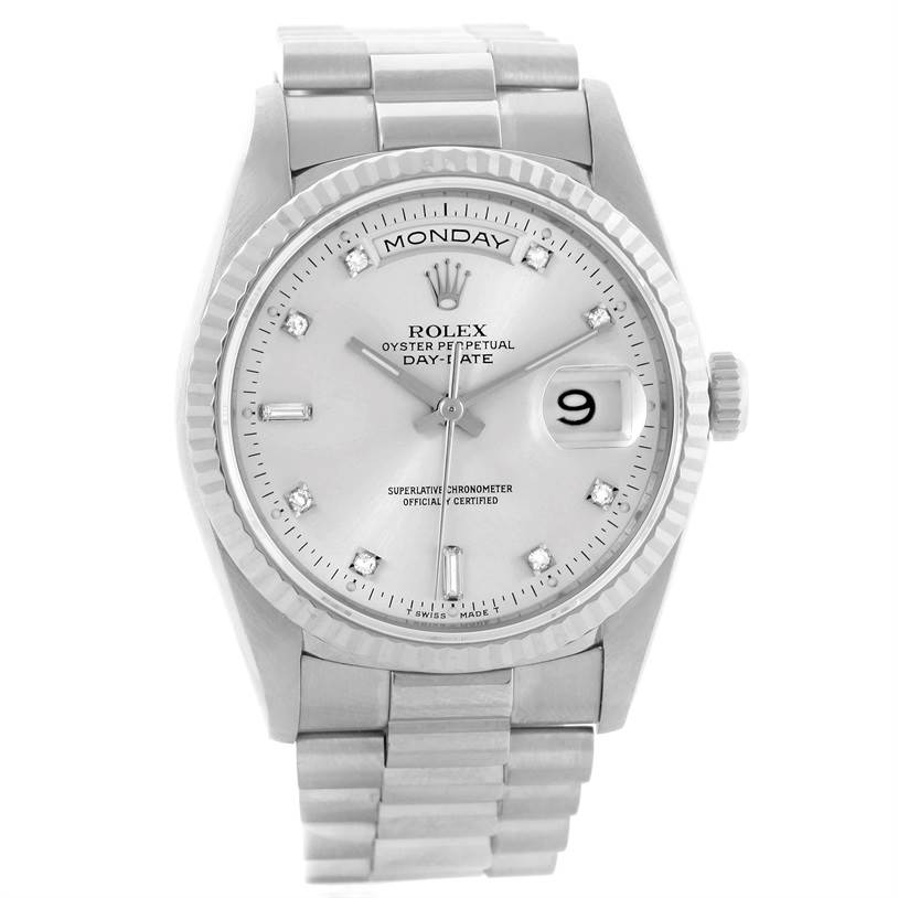 The image shows a front view of the Rolex President 18239 Men
s White Gold Silver Dial 18239 Men
s White Gold Silver Dial model watch, highlighting its dial, bezel, and bracelet.