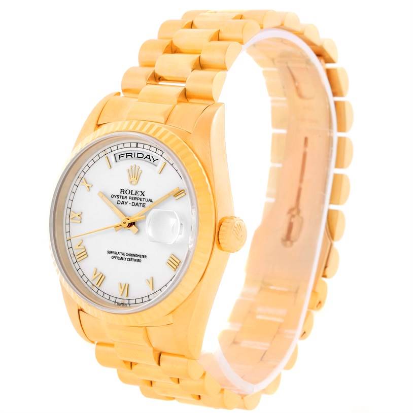 The image shows a side and front angle of a Rolex President 18238 Men's Yellow Gold White Dial 18238 Men's Yellow Gold White Dial model watch, highlighting its band, face, and crown.