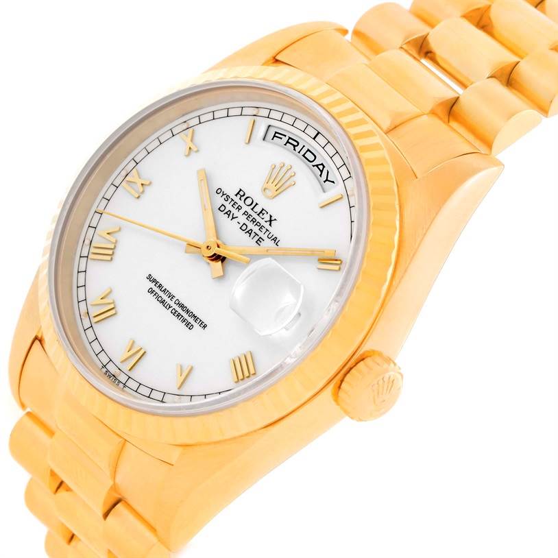 The image shows a close-up view of a Rolex President 18238 Men's Yellow Gold White Dial 18238 Men's Yellow Gold White Dial model watch, highlighting the face, bezel, band, and crown from an angled perspective.