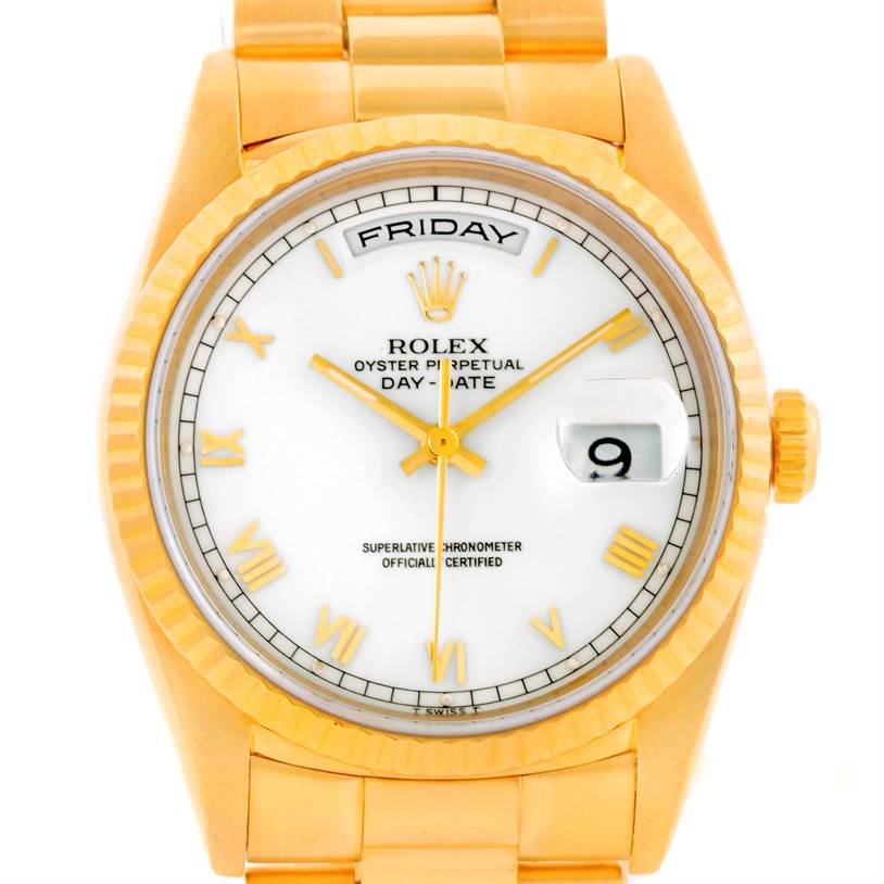 The image shows a frontal view of a Rolex President 18238 Men's Yellow Gold White Dial 18238 Men's Yellow Gold White Dial model watch, displaying the dial, hands, date, and day indicators.