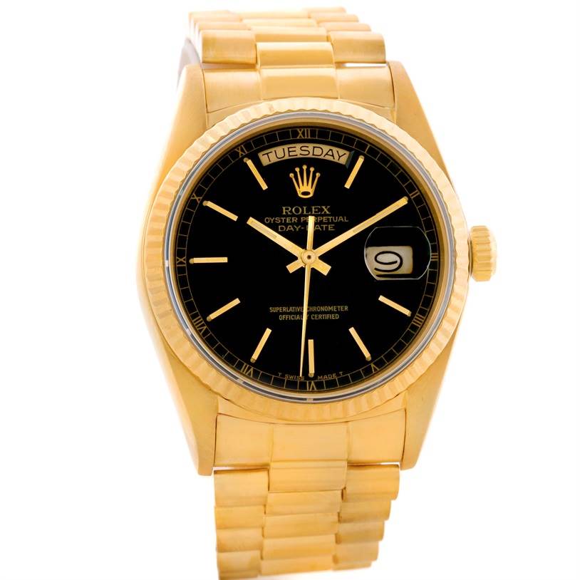 The image shows a frontal view of a Rolex President 18038 Men's Yellow Gold Black Dial 18038 Men's Yellow Gold Black Dial Day-Date watch with a gold band and black dial.