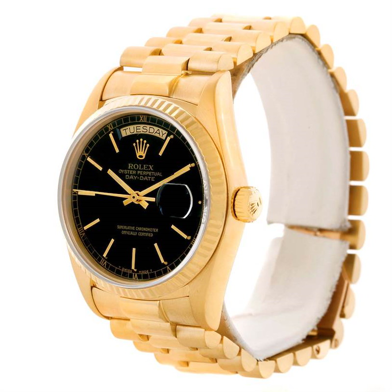 Rolex President Day-Date Mens 18k Yellow Gold Black Dial Watch 18038 SwissWatchExpo