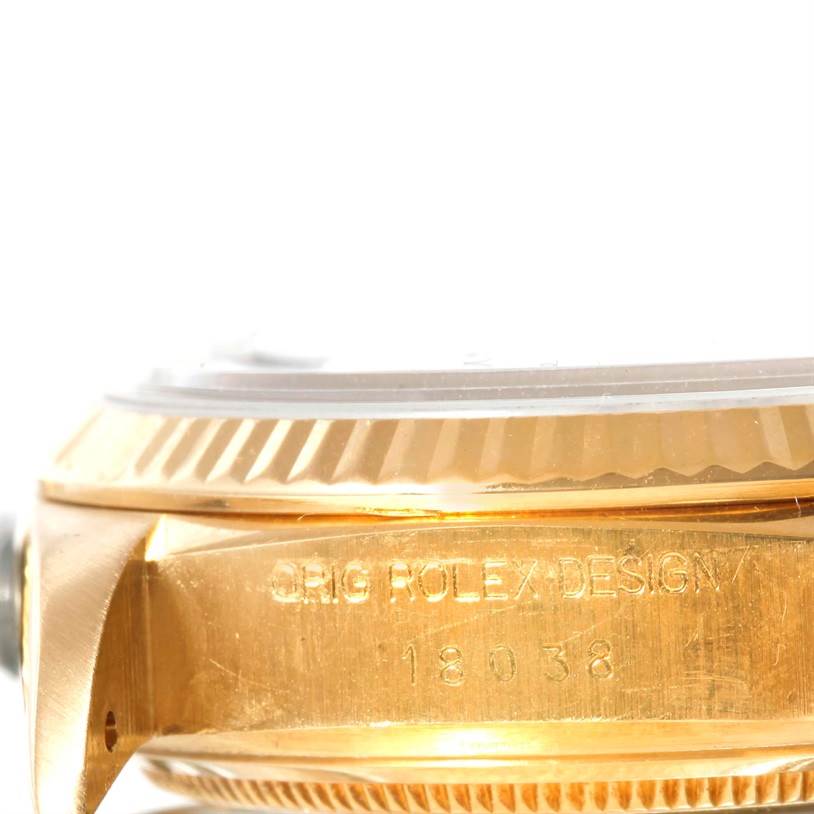 This image shows a close-up side view of the bezel and case of a Rolex President 18038 Men's Yellow Gold Black Dial 18038 Men's Yellow Gold Black Dial Model watch.