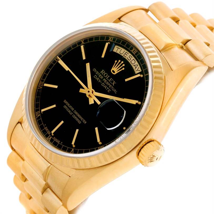 The image shows a Rolex President 18038 Men's Yellow Gold Black Dial 18038 Men's Yellow Gold Black Dial model watch at a slight angle, highlighting its black dial, gold casing, bracelet, and crown.