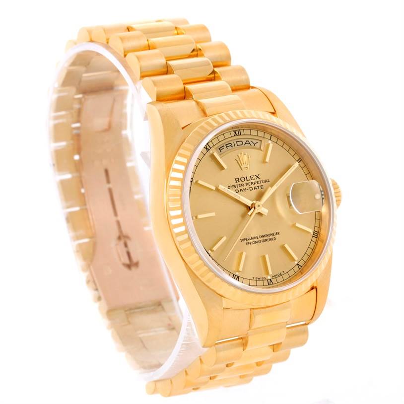 The image shows a Rolex President 18238 Men's Yellow Gold Champagne Dial 18238 Men's Yellow Gold Champagne Dial model watch at a side angle, displaying its gold band, bezel, and face.