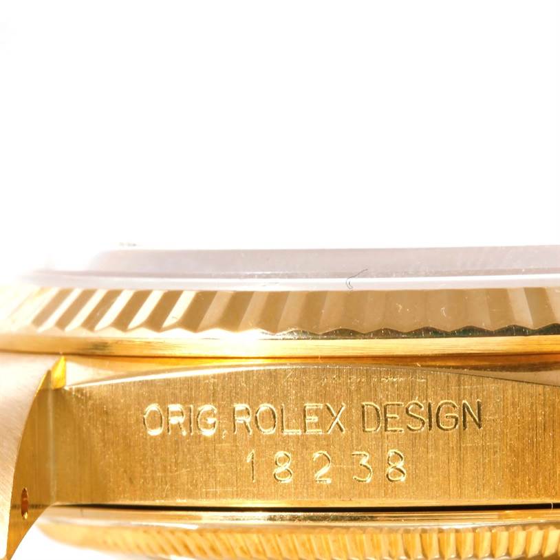 The image shows a close-up side view of the case and bezel of a Rolex President 18238 Men's Yellow Gold Champagne Dial 18238 Men's Yellow Gold Champagne Dial model watch.