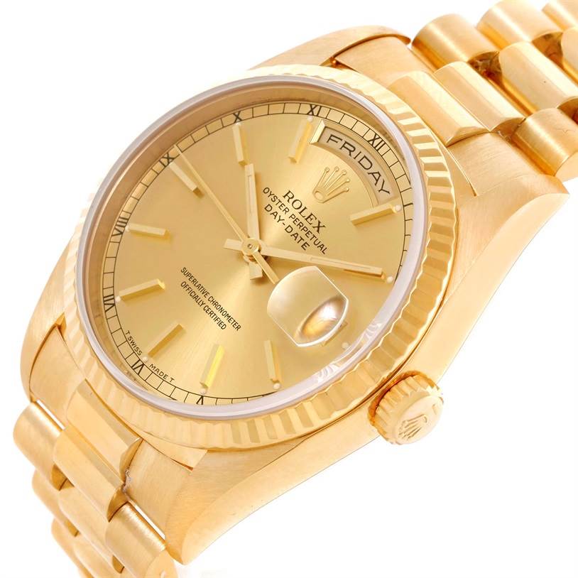 This image shows the face, bezel, crown, and bracelet of a Rolex President 18238 Men's Yellow Gold Champagne Dial 18238 Men's Yellow Gold Champagne Dial model watch at an angled perspective.