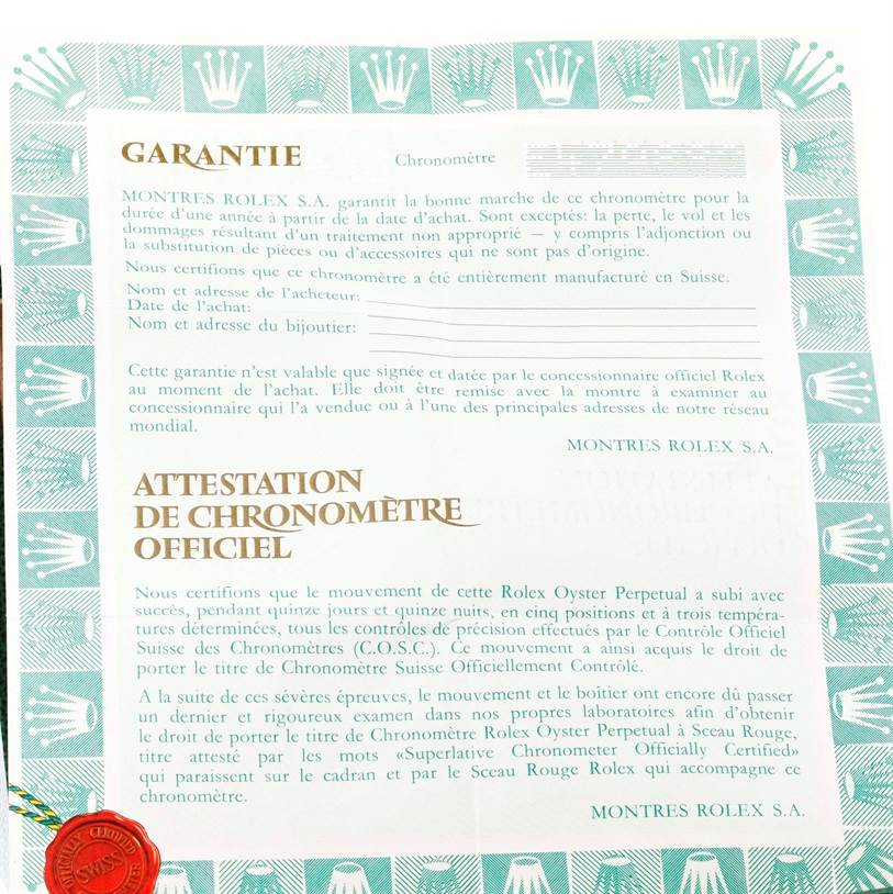 This image shows a warranty certificate and chronometer certification document for a Rolex President 18238 Men's Yellow Gold Champagne Dial 18238 Men's Yellow Gold Champagne Dial model watch.