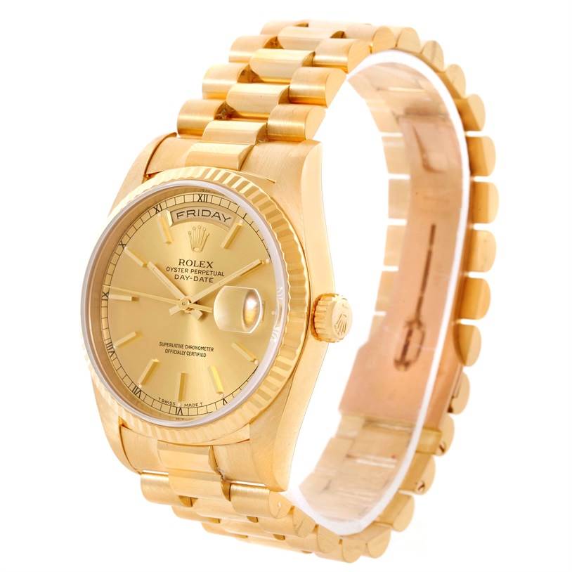 The image shows a Rolex President 18238 Men's Yellow Gold Champagne Dial 18238 Men's Yellow Gold Champagne Dial model watch at an angled view, showcasing the dial, crown, and bracelet.