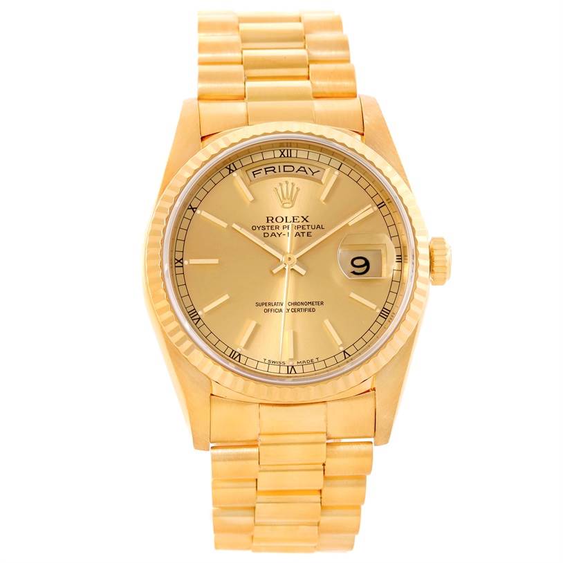 The image shows a front view of the Rolex President 18238 Men's Yellow Gold Champagne Dial 18238 Men's Yellow Gold Champagne Dial model, displaying its face, bezel, crown, and bracelet.