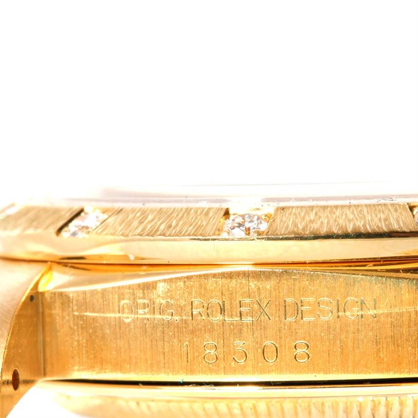 The image shows a close-up angle of a Rolex President 18308 Men's Yellow Gold White Dial 18308 Men's Yellow Gold White Dial model, focusing on the side engraved with "ORIG. ROLEX DESIGN 18308."