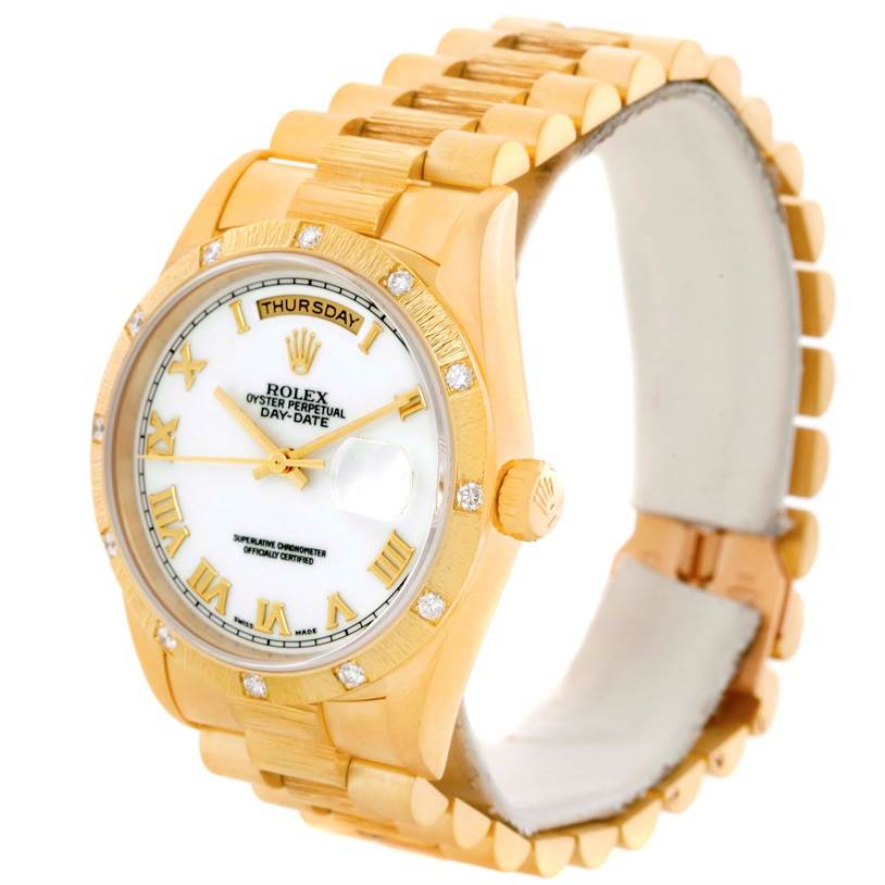 The image shows a Rolex President 18308 Men's Yellow Gold White Dial 18308 Men's Yellow Gold White Dial model watch at a three-quarter angle, displaying the face, bezel, and bracelet.