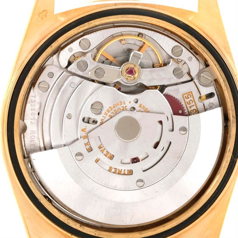 This image shows the inner movement mechanism of the Rolex President 18308 Men's Yellow Gold White Dial 18308 Men's Yellow Gold White Dial model watch from a back angle.