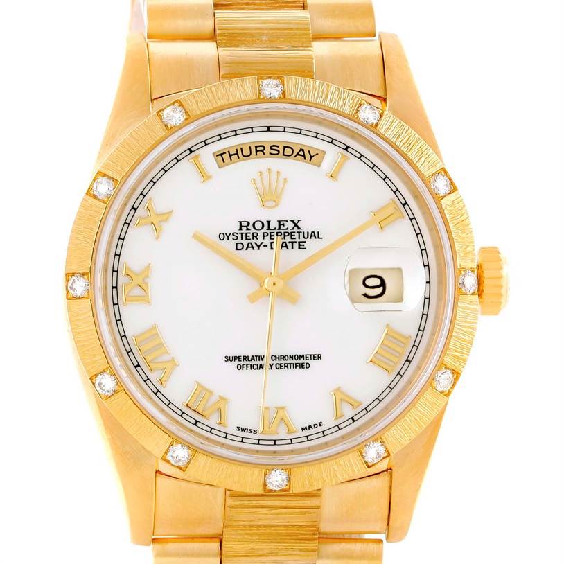 This is a frontal view of the Rolex President 18308 Men's Yellow Gold White Dial 18308 Men's Yellow Gold White Dial Oyster Perpetual Day-Date watch, showing the dial, bezel, crown, and part of the bracelet.