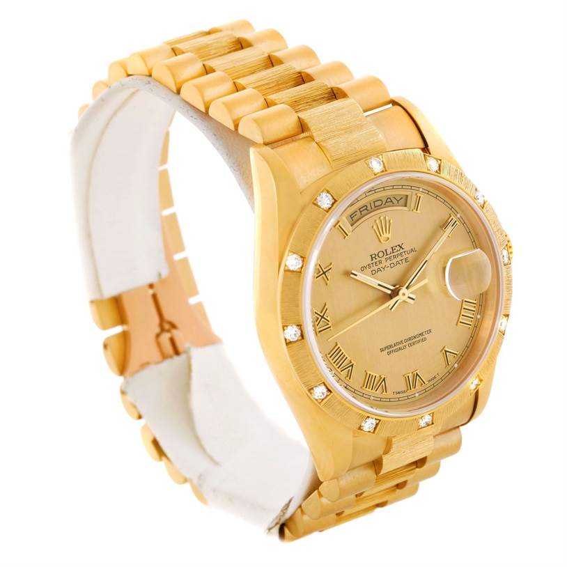 The Rolex President 18308 Men
s Yellow Gold Champagne Dial 18308 Men
s Yellow Gold Champagne Dial model watch is shown at a three-quarter angle, highlighting the dial, bracelet, and bezel.