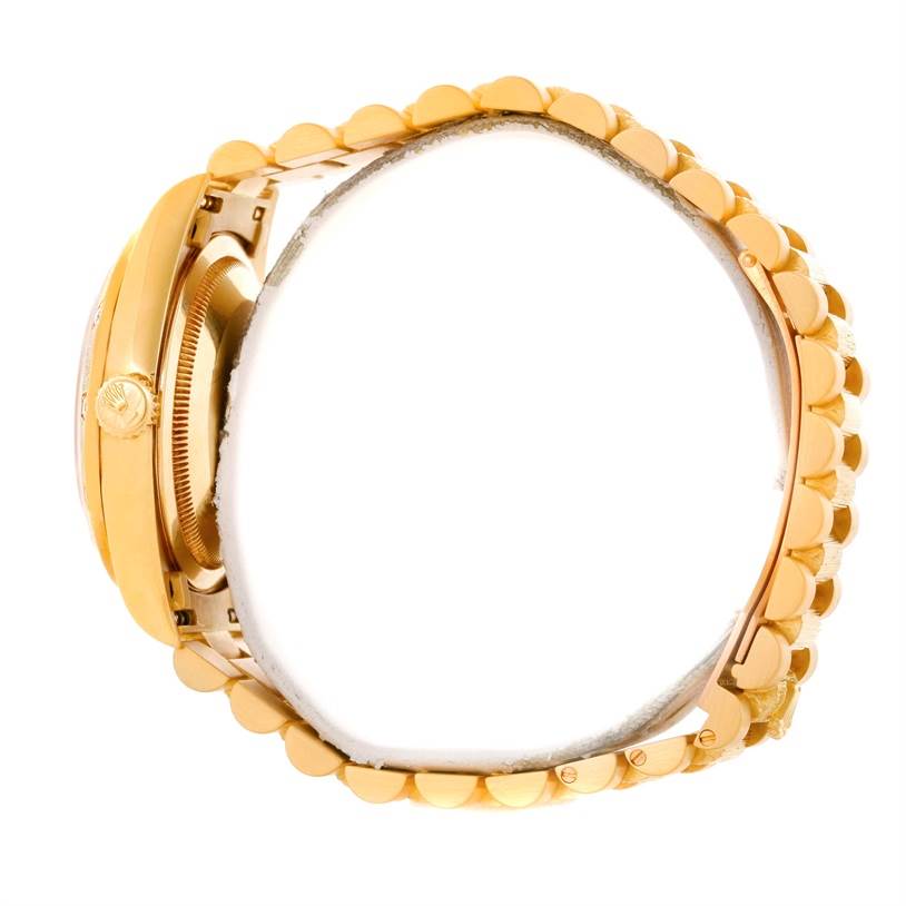 The watch, a Rolex President 18308 Men
s Yellow Gold Champagne Dial 18308 Men
s Yellow Gold Champagne Dial model, is shown from the side, highlighting its gold case and iconic President bracelet.