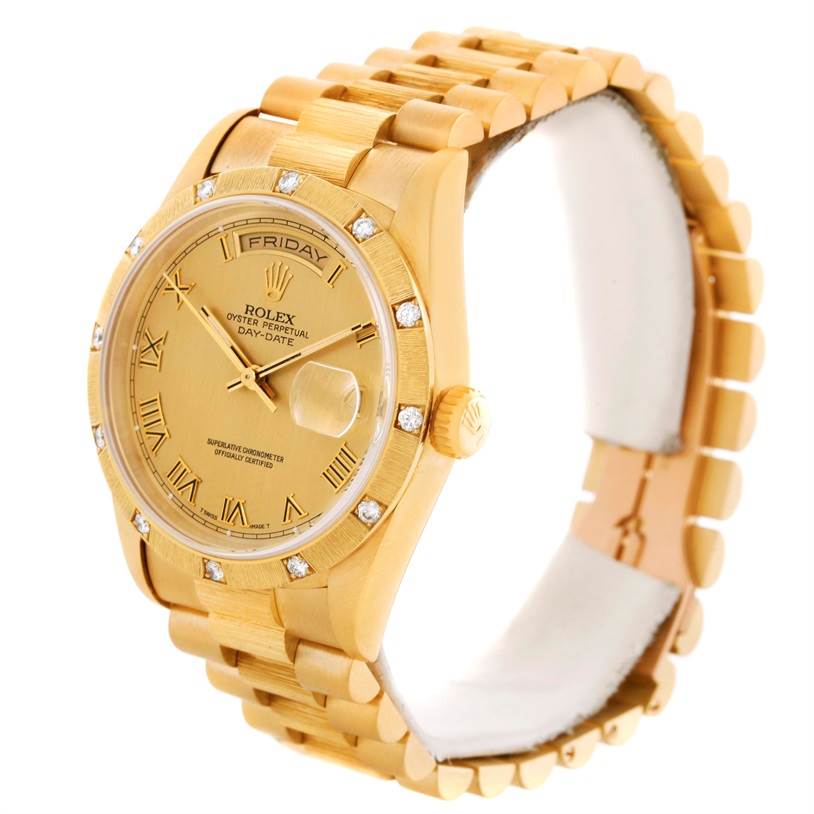 The Rolex President 18308 Men
s Yellow Gold Champagne Dial 18308 Men
s Yellow Gold Champagne Dial watch is shown at an oblique angle, displaying the dial, bezel, crown, and bracelet.