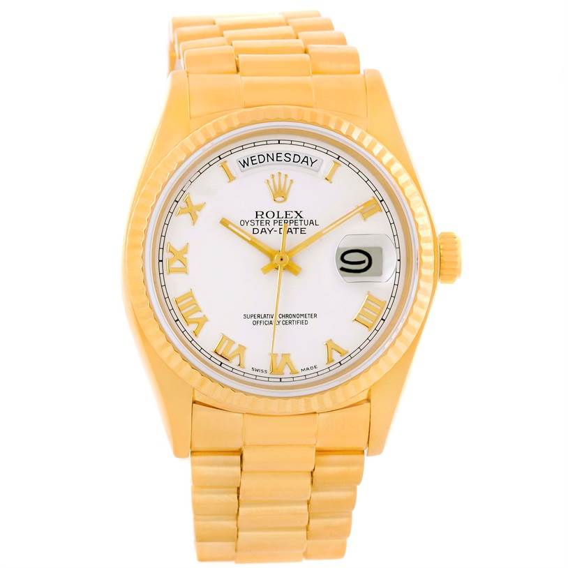 The image shows a front view of a Rolex President 18038 Men's Yellow Gold White Dial 18038 Men's Yellow Gold White Dial model watch, including the dial, bezel, and bracelet.
