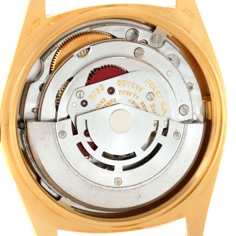 This image shows the movement and internal components of a Rolex President 18038 Men's Yellow Gold White Dial 18038 Men's Yellow Gold White Dial model watch from the back.