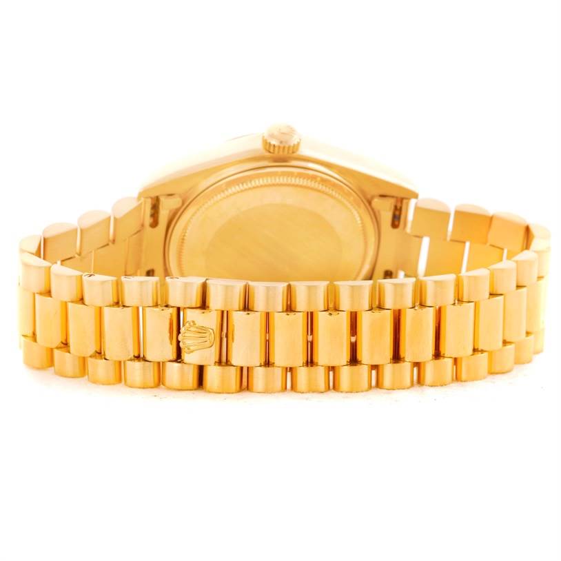 The image shows the back case and bracelet of a gold Rolex President 18038 Men's Yellow Gold White Dial 18038 Men's Yellow Gold White Dial model watch.