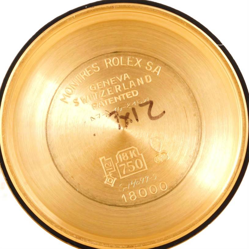 This is the interior view of the case back of a Rolex President 18038 Men's Yellow Gold Blue Dial 18038 Men's Yellow Gold Blue Dial watch.