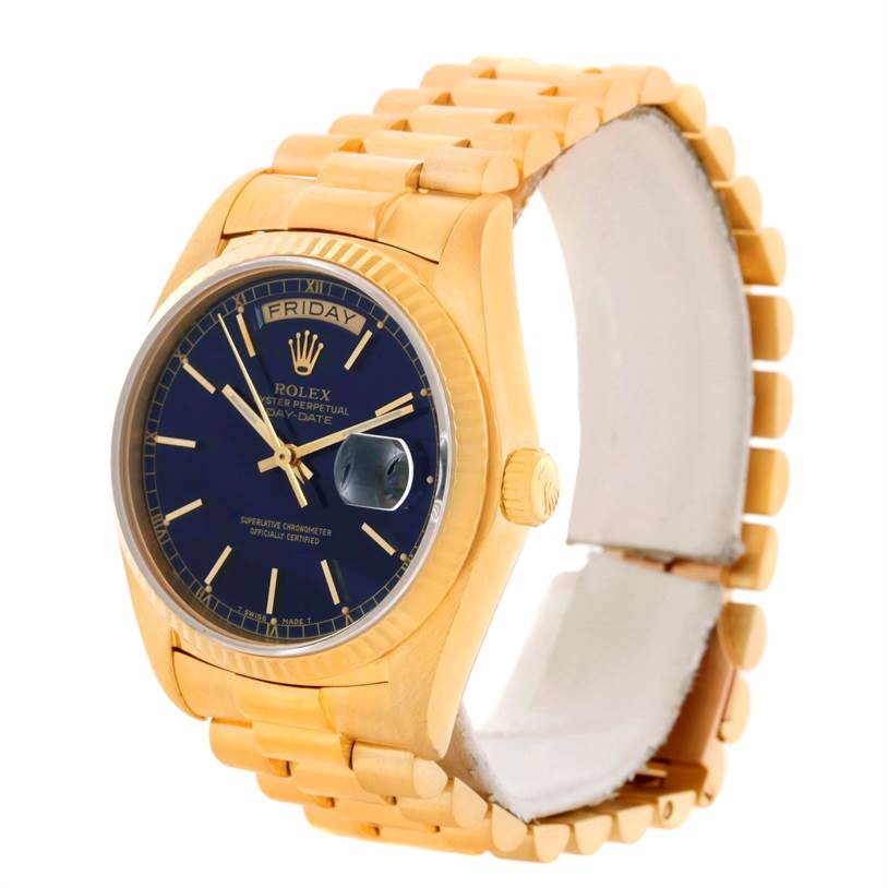 The image shows a Rolex President 18038 Men's Yellow Gold Blue Dial 18038 Men's Yellow Gold Blue Dial model watch at a slight angle, highlighting the blue dial, gold case, and bracelet.