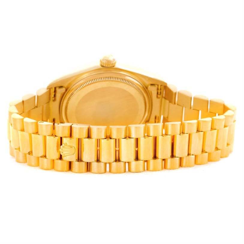 The image shows the back view of a Rolex President 18038 Men's Yellow Gold Blue Dial 18038 Men's Yellow Gold Blue Dial model watch, highlighting the bracelet and case back.