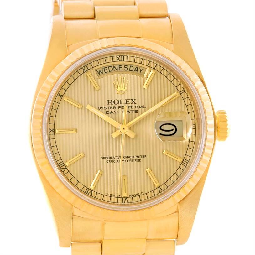 The image shows a front view of a Rolex President 18038 Men
s Yellow Gold Champagne Dial 18038 Men
s Yellow Gold Champagne Dial model watch, displaying the face, bezel, and part of the bracelet.