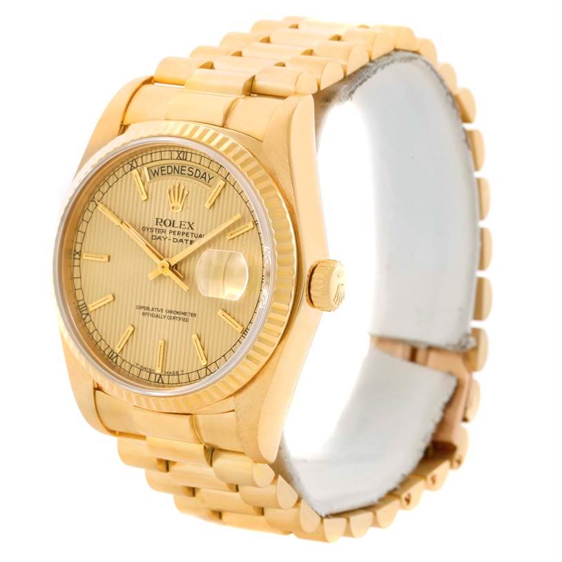The image shows a Rolex President 18038 Men
s Yellow Gold Champagne Dial 18038 Men
s Yellow Gold Champagne Dial model watch at an angled view, highlighting the dial, bezel, crown, and band.