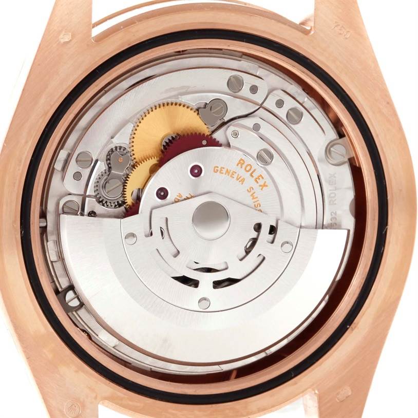 The image shows the internal movement mechanism of a Rolex President 218235 Men's Rose Gold Beige Dial 218235 Men's Rose Gold Beige Dial model watch from a back angle without the caseback.