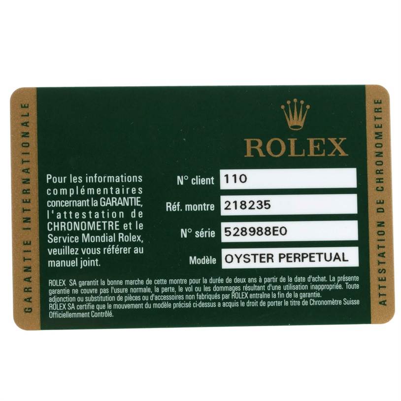 The image displays a guarantee card for a Rolex President 218235 Men's Rose Gold Beige Dial 218235 Men's Rose Gold Beige Dial model watch.