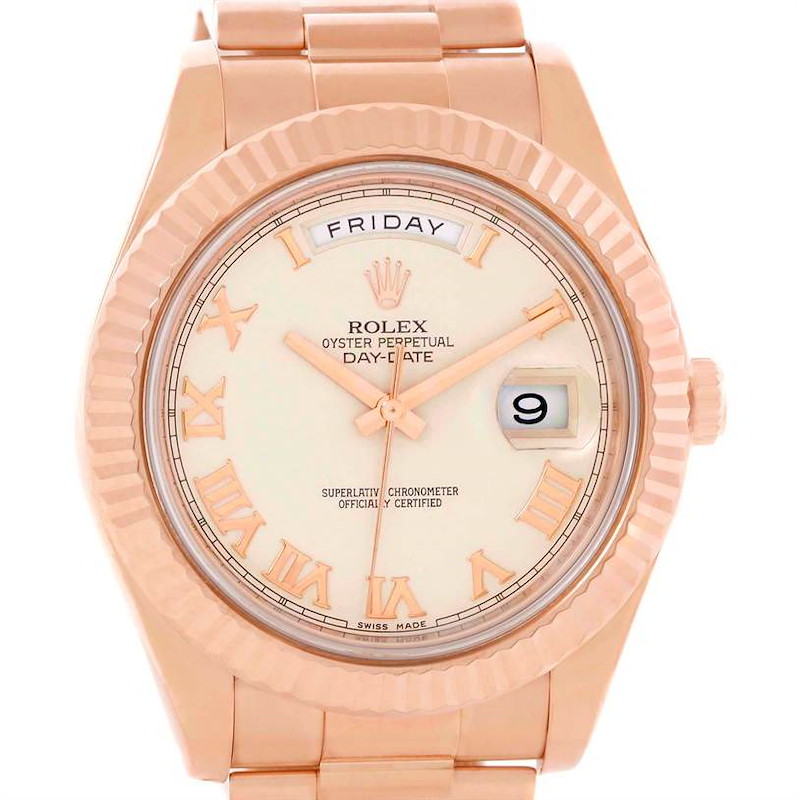 Rolex Day-Date II Everose Ivory Dial Mens 18K Rose Gold Watch 218235 SwissWatchExpo