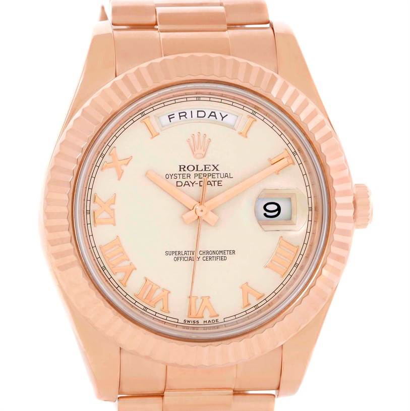 The image shows a close-up of the Rolex President 218235 Men's Rose Gold Beige Dial 218235 Men's Rose Gold Beige Dial model's face, including the dial, hands, and part of the bracelet.