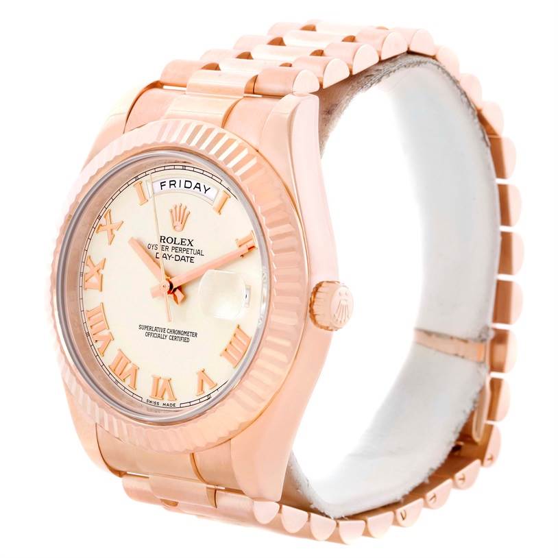 The image shows a side view of a Rolex President 218235 Men's Rose Gold Beige Dial 218235 Men's Rose Gold Beige Dial model watch featuring the bezel, dial, and bracelet.