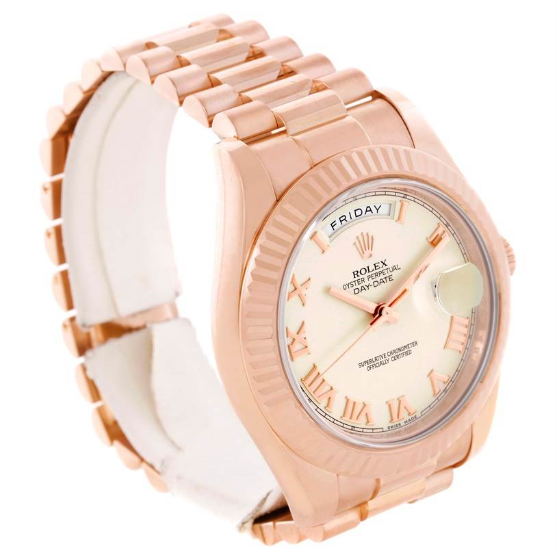This image shows a Rolex President 218235 Men's Rose Gold Beige Dial 218235 Men's Rose Gold Beige Dial model watch angled to display its face, bezel, and bracelet.