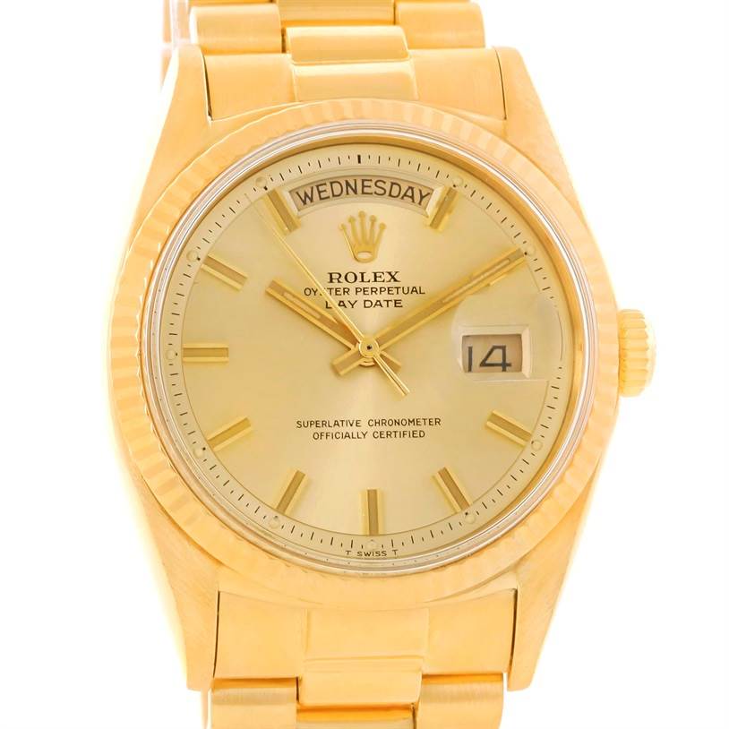 This image shows a front view of the Rolex President 1803 Men
s Yellow Gold Champagne Dial 1803 Men
s Yellow Gold Champagne Dial model watch, displaying its dial, bracelet, and crown.