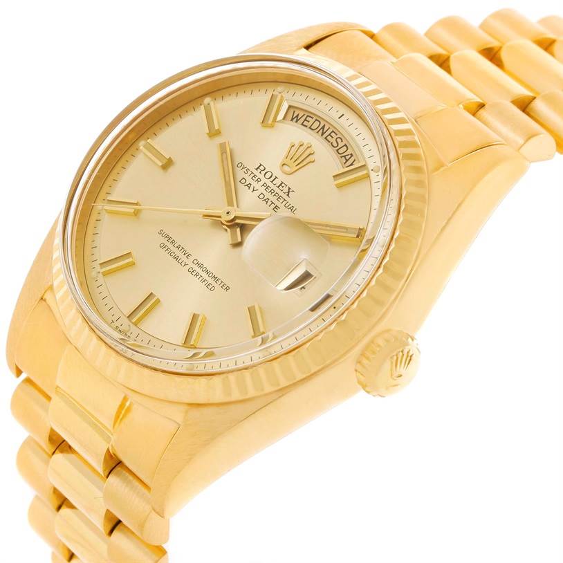 The image shows a Rolex President 1803 Men
s Yellow Gold Champagne Dial 1803 Men
s Yellow Gold Champagne Dial model watch at a three-quarter angle, displaying the dial, bracelet, crown, and part of the case.