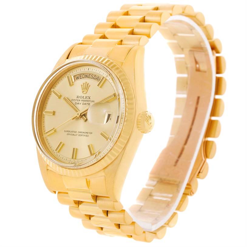 The image shows a Rolex President 1803 Men
s Yellow Gold Champagne Dial 1803 Men
s Yellow Gold Champagne Dial model watch angled from the front-left, displaying the dial, bezel, crown, and bracelet.