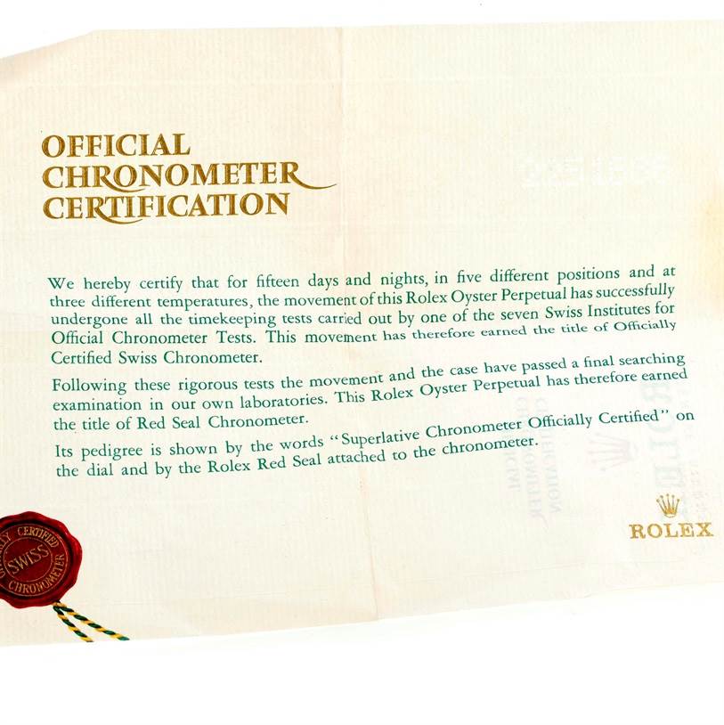 This image shows an Official Chronometer Certification document for the Rolex President 1803 Men
s Yellow Gold Champagne Dial 1803 Men
s Yellow Gold Champagne Dial model watch.