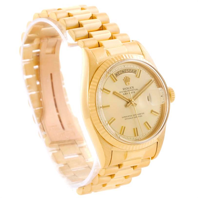 The image shows a Rolex President 1803 Men
s Yellow Gold Champagne Dial 1803 Men
s Yellow Gold Champagne Dial model watch at an oblique angle, highlighting the bracelet, dial, and watch face.