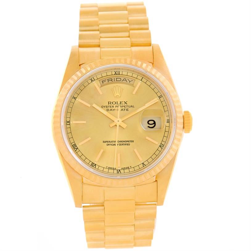 This image shows a frontal view of a Rolex President 18238 Men
s Yellow Gold Champagne Dial 18238 Men
s Yellow Gold Champagne Dial Day-Date watch, highlighting the dial, day, and date windows.