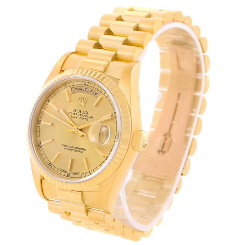 The Rolex President 18238 Men
s Yellow Gold Champagne Dial 18238 Men
s Yellow Gold Champagne Dial model watch is shown at a slight angle displaying its yellow dial, bracelet, crown, and day-date features.