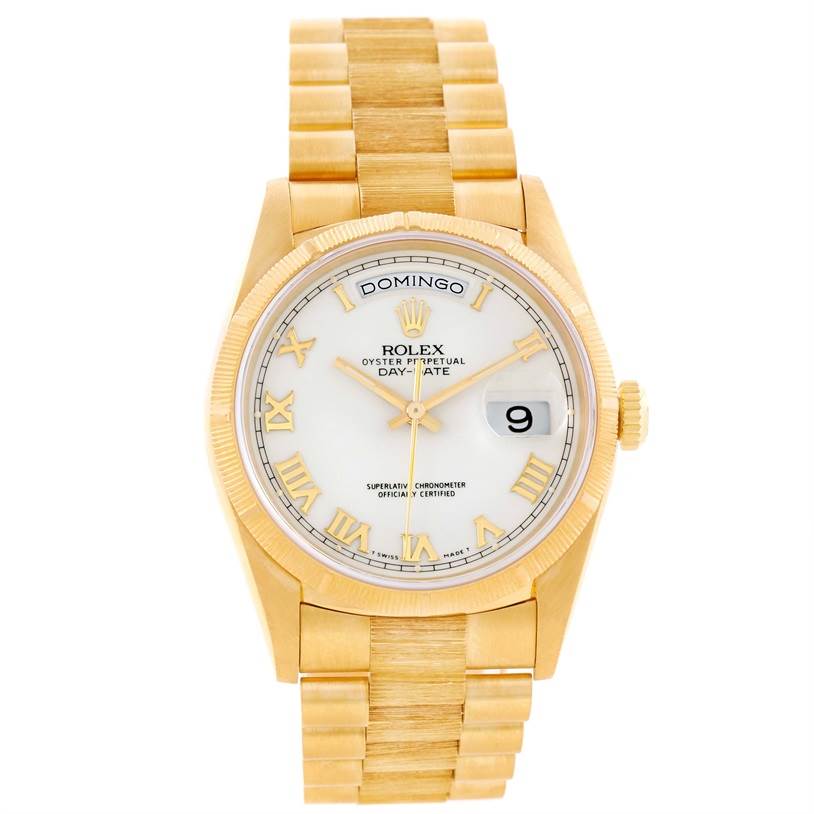 The image shows a front view of a Rolex President 18248 Men's Yellow Gold White Dial 18248 Men's Yellow Gold White Dial model watch, displaying its face, bezel, and bracelet.