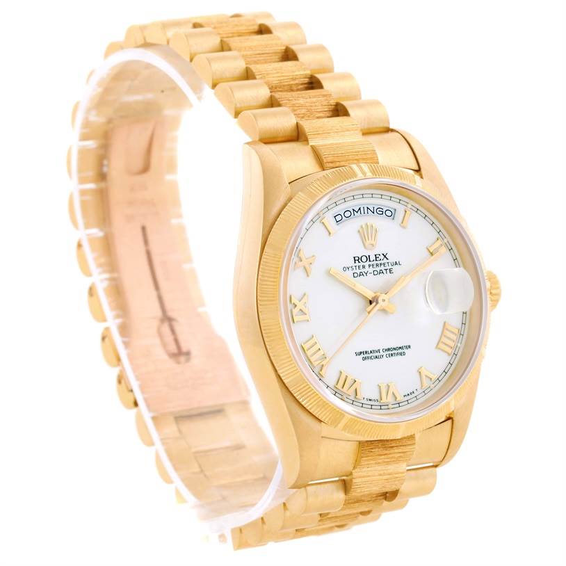 The Rolex President 18248 Men's Yellow Gold White Dial 18248 Men's Yellow Gold White Dial model watch is shown at a slight angle, displaying its dial, bezel, and gold bracelet.