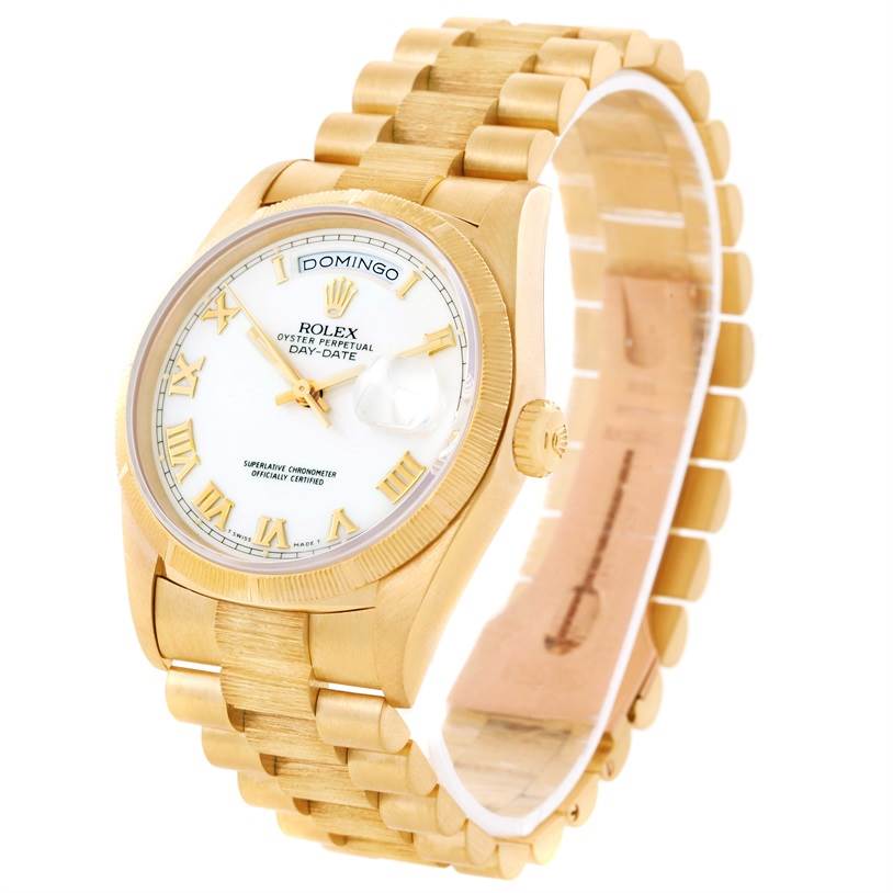 The image shows a Rolex President 18248 Men's Yellow Gold White Dial 18248 Men's Yellow Gold White Dial model watch viewed from a frontal angle, highlighting the dial, case, and bracelet.