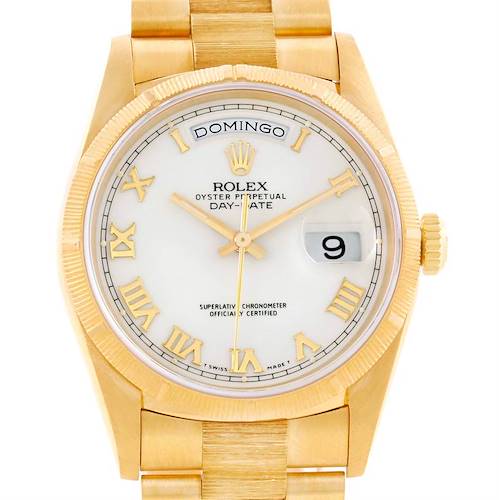 Photo of Rolex President Mens 18k Yellow Gold Bark Finish White Dial Watch 18248